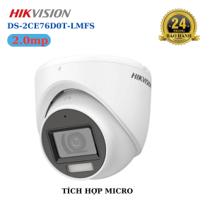 Camera Hikvision DS,2CE76D0T LMFS 2MP Dual Light Smart Hybrid Light, ghi hình Full HD, ánh sáng trắng + IR 30m/20m, mic tích hợp, chuyển tín hiệu TVI/AHD/CVI/CVBS, vỏ IP67